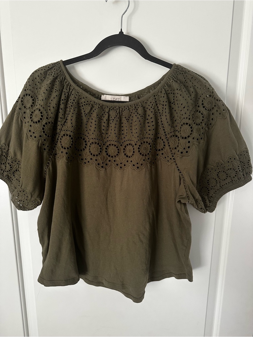 LOFT Olive Eyelet Scoop Neck Blouse
